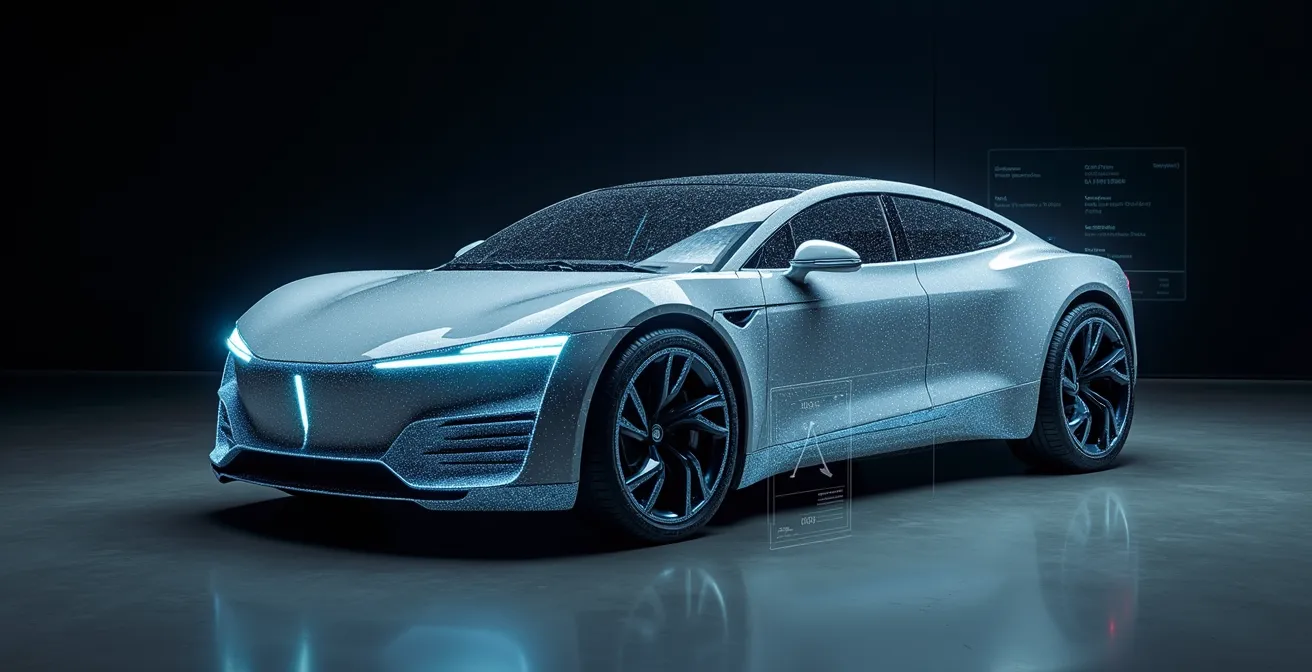 Photorealistic image showing a dynamic pricing interface represented metaphorically by a glowing car with market data overlays, cinematic light