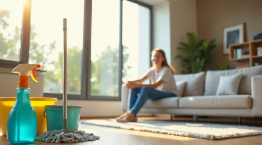 A clean and bright apartment interior with cleaning supplies neatly arranged and a person relaxing with a smile, symbolizing a stress-free move-out cleaning