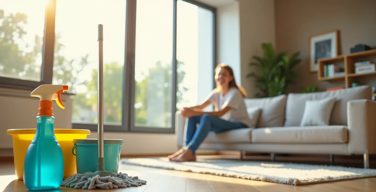 A clean and bright apartment interior with cleaning supplies neatly arranged and a person relaxing with a smile, symbolizing a stress-free move-out cleaning