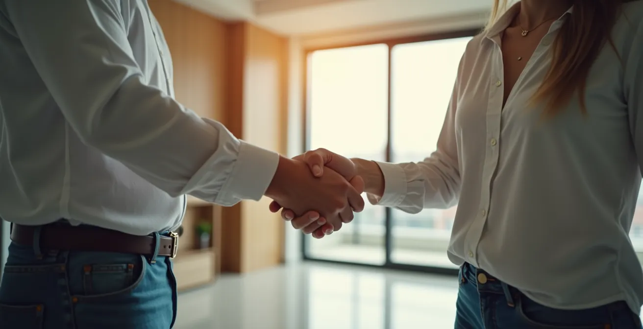 Handshake between tenant and landlord in a bright, clean apartment signaling successful handover