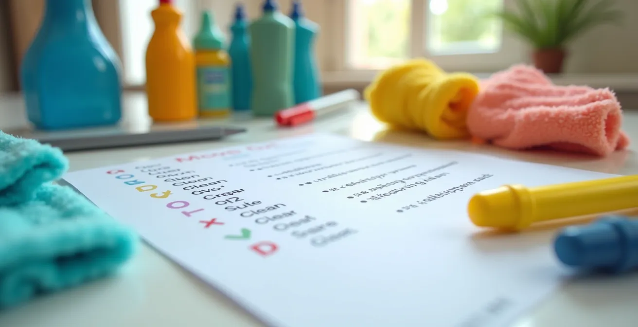 Checklist and cleaning tools on a tidy desk illustrating an organized cleaning plan