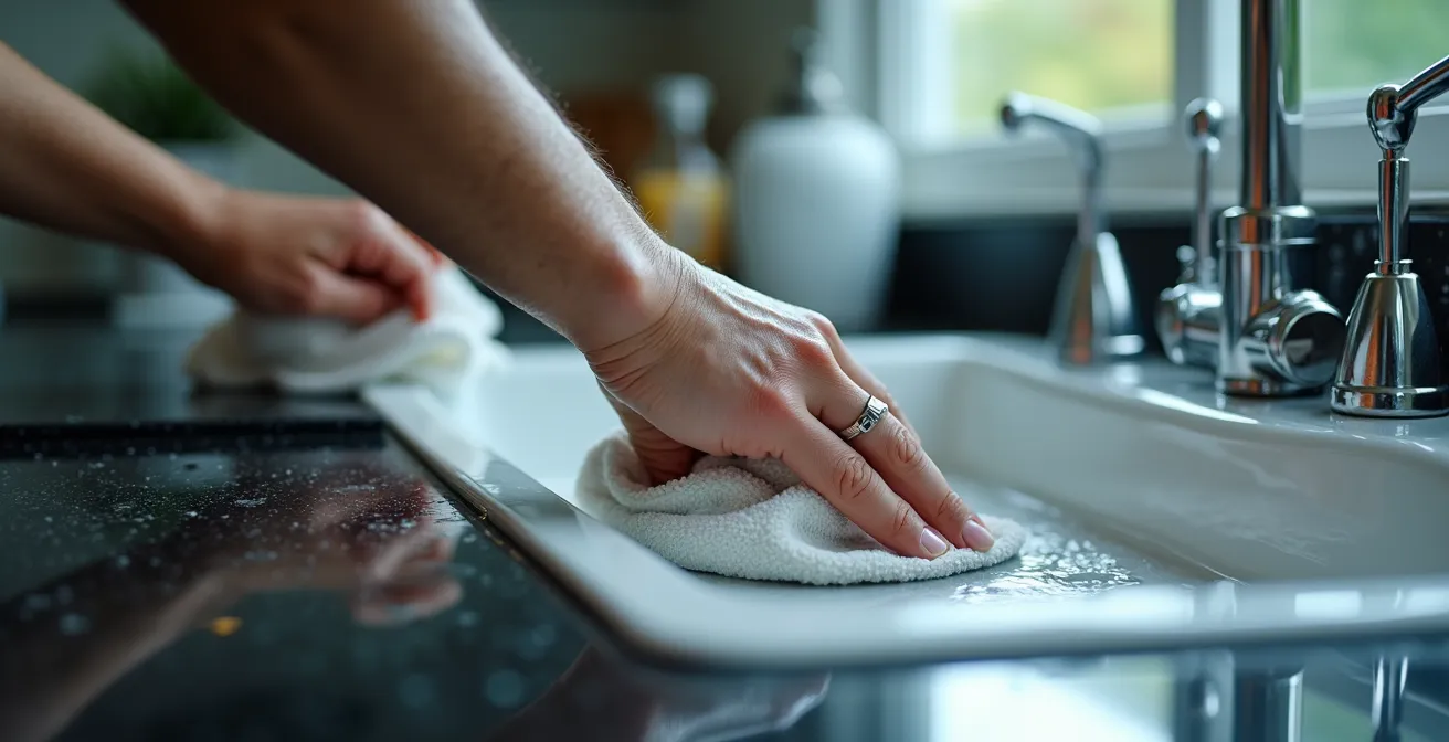 Détail de la cuisine et salle de bain avec techniques avancées de nettoyage en gros plan