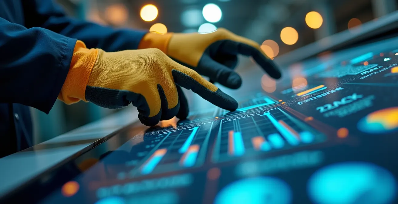 Close-up of hands analyzing energy flow patterns on industrial control system