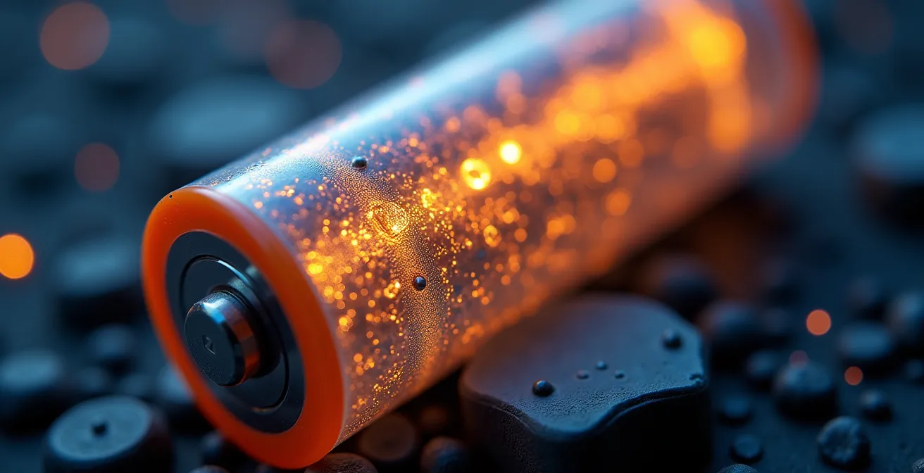 Extreme close-up of crystalline battery cell structure showing energy transformation