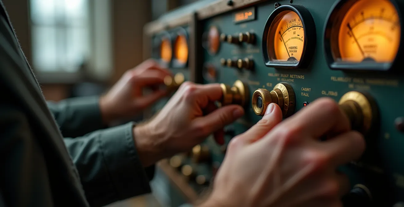 Close-up of engineer's hands adjusting power monitoring equipment