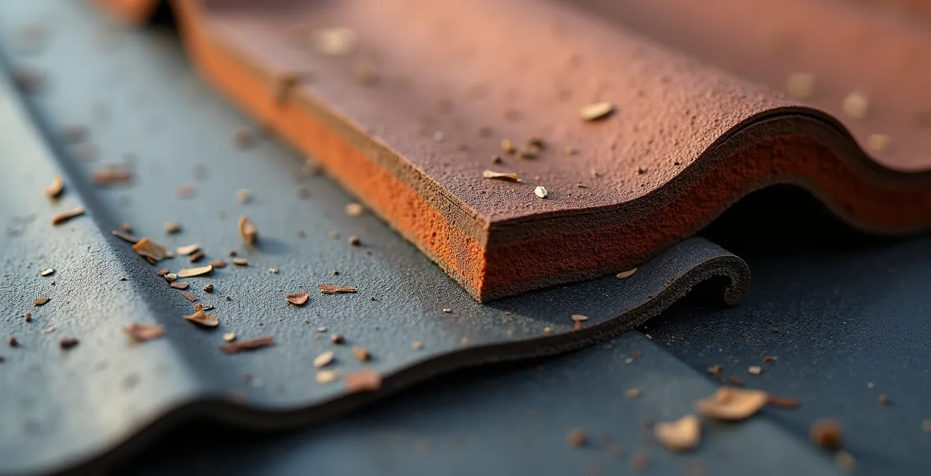 Extreme close-up of roofing material showing precision installation details