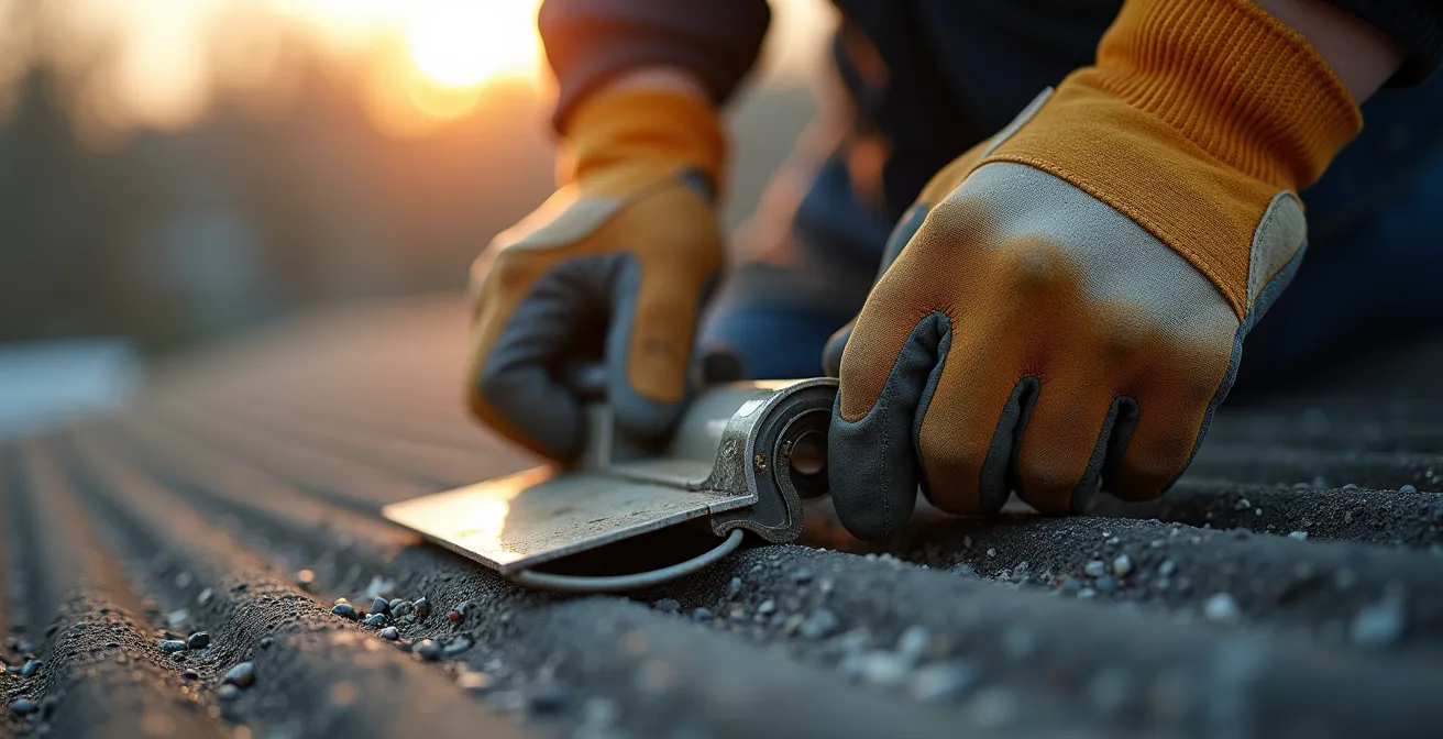 Close-up of professional roofer's hands adjusting specialized equipment