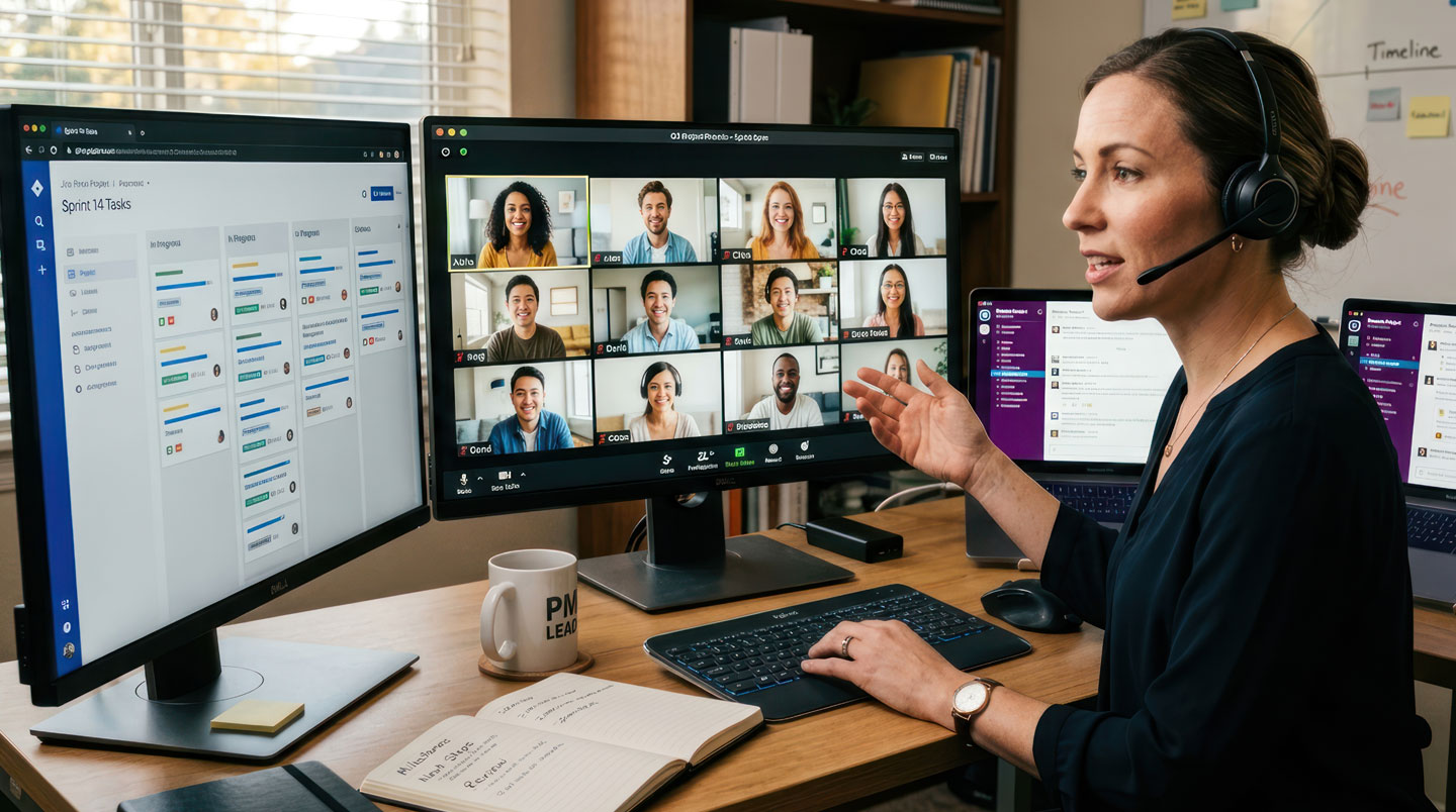 A group of office employees in a collaborative workspace participating in a Microsoft Teams video meeting, some looking concerned at their screens