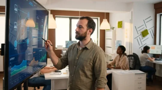 IT administrator reviewing a multi-site network monitoring dashboard with real-time call quality metrics