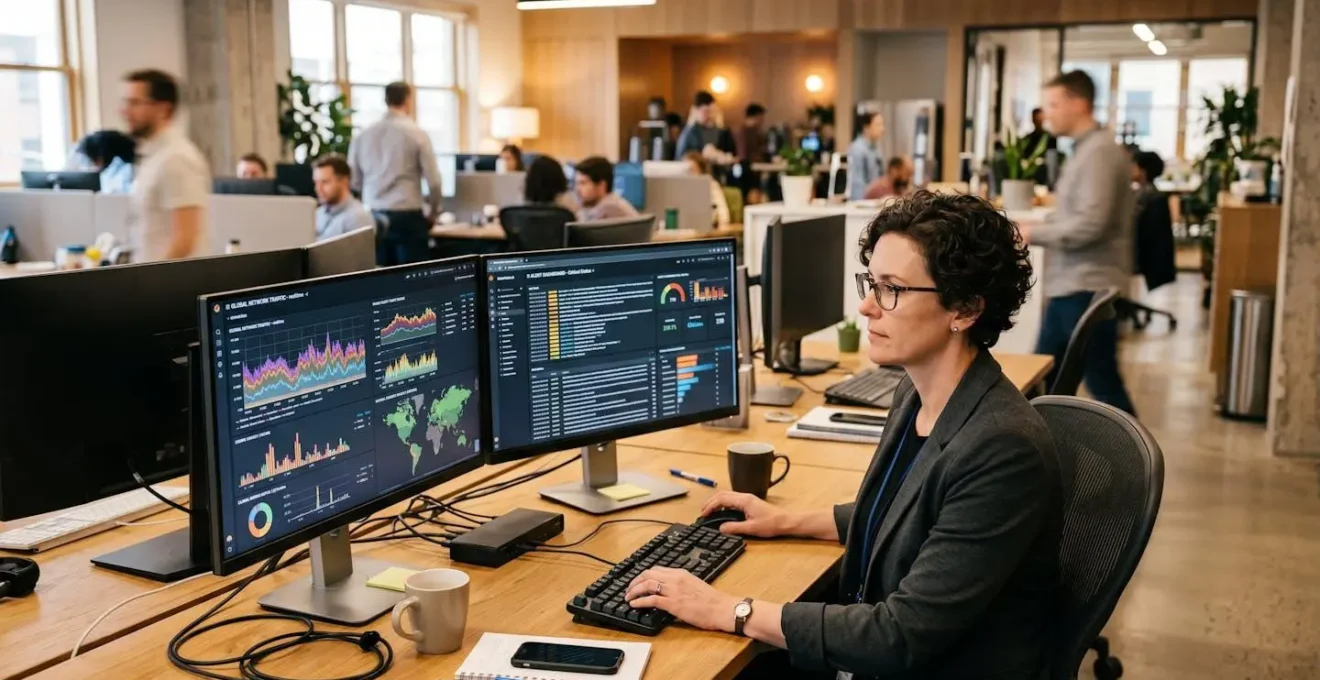 An IT manager in a modern open-plan office reviewing multiple screens showing network performance metrics and collaboration tool indicators