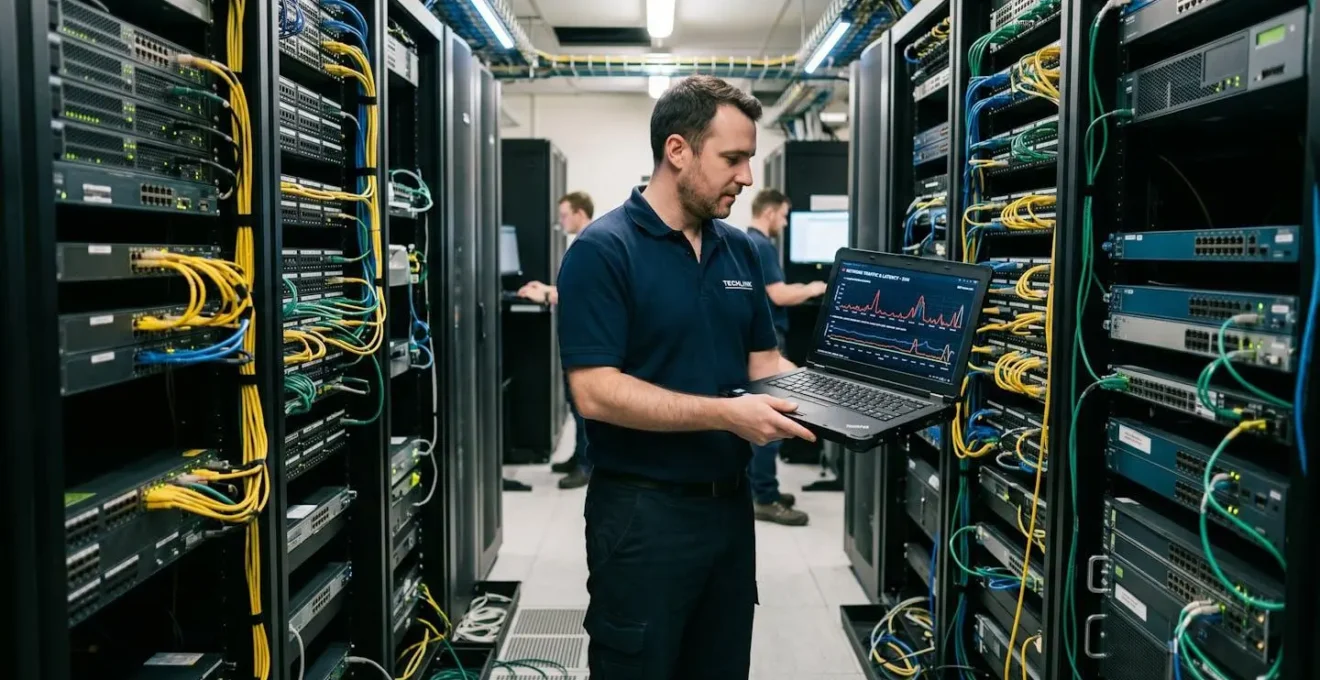 A network engineer in a server room examining a laptop screen displaying site-level traffic patterns and latency charts