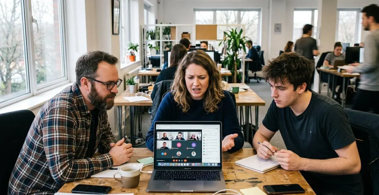 A group of office employees in a collaborative workspace participating in a Microsoft Teams video meeting, some looking concerned at their screens