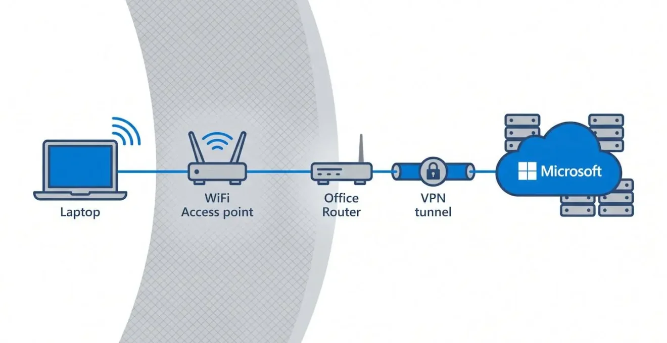 Schéma illustrant le flux Teams entre un poste utilisateur, le WiFi, le routeur de site et le cloud Microsoft, avec une zone grise symbolisant l'angle mort du CQD