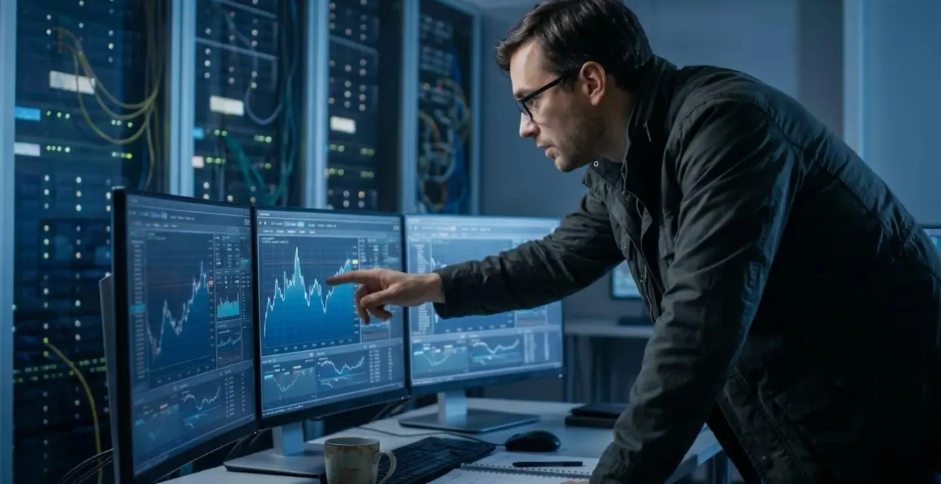 Technicien IT concentré analysant des graphiques de métriques réseau sur plusieurs moniteurs dans une salle serveur professionnelle