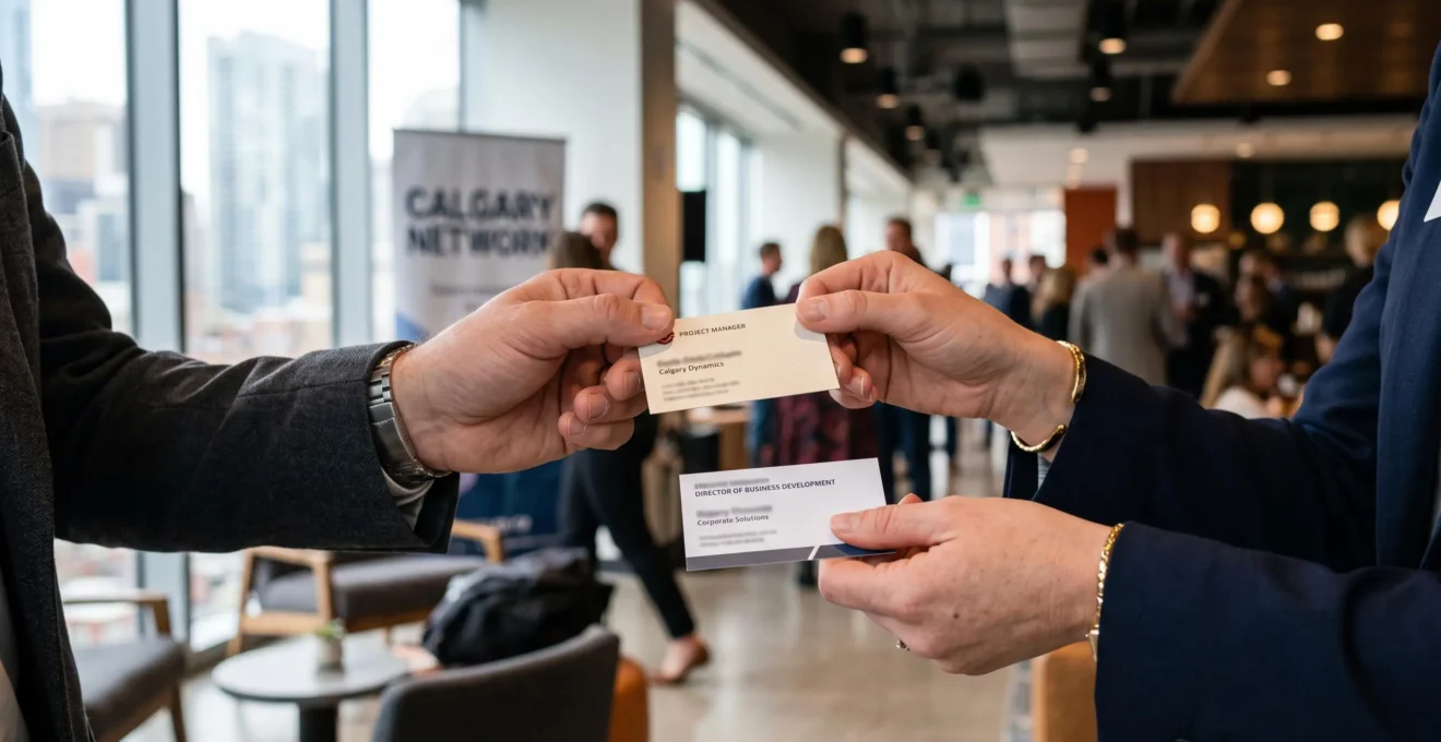 Two professionals exchanging business cards during a networking event, hands extended in professional greeting gesture