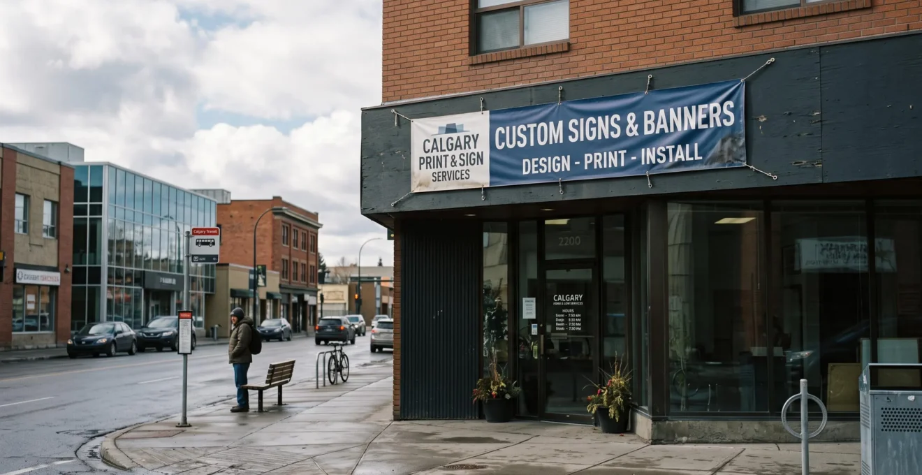 Professional vinyl banner mounted on commercial building exterior storefront in Calgary urban streetscape