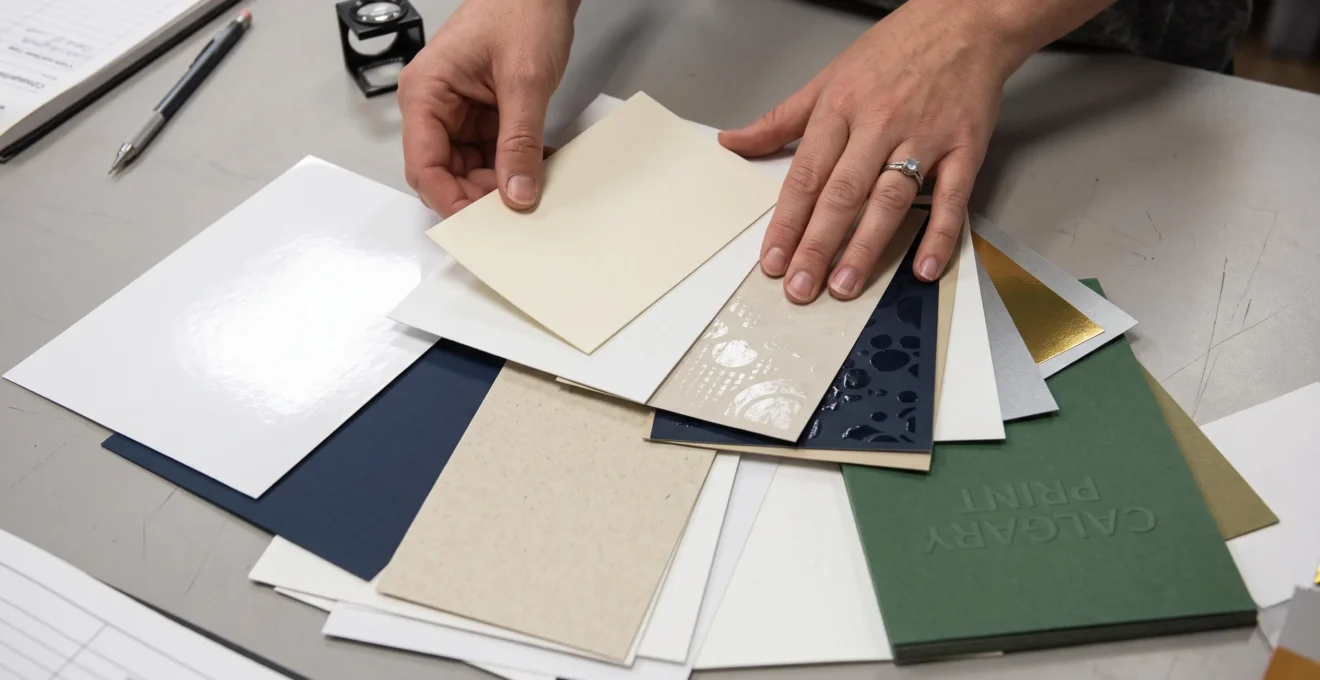 Hands comparing different paper stock samples and finish options on a work table, showing variety of textures and coatings
