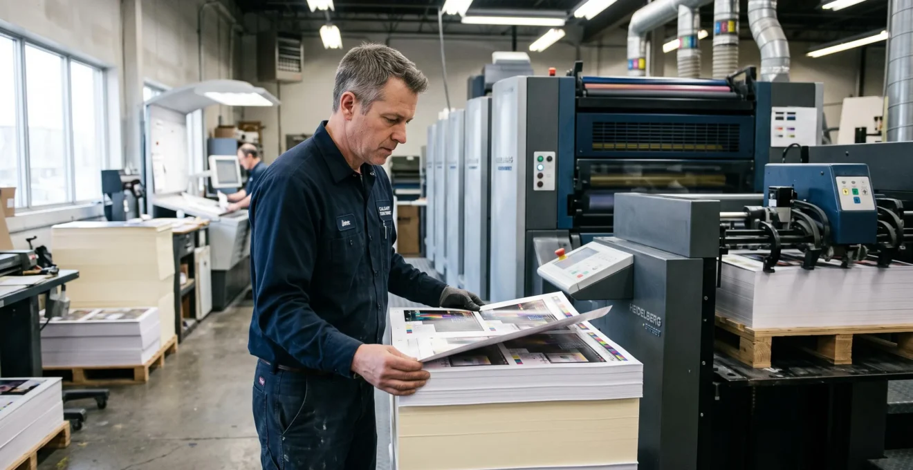 Print operator inspecting printed sheets beside an offset printing press in a commercial printing facility