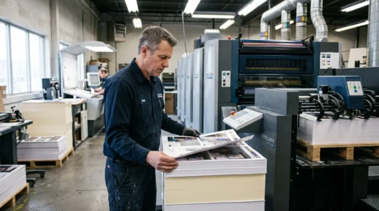 Print operator inspecting printed sheets beside an offset printing press in a commercial printing facility